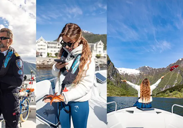 A collage of four photos: a guest holding a large halibut, Captain Tor steering a fishing boat, a guest holding a starfish, and a guest with a Norwegian flag on a boat in the Sognefjord.