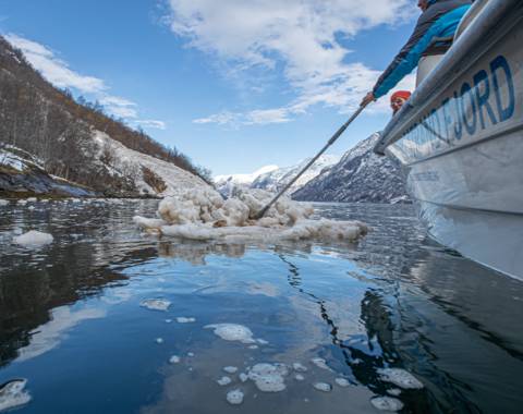 Lokal guide peker mot Naoberadn fjellside, sted for gammelt sagn, omgitt av snøflak etter et ras i hypernatur fjord