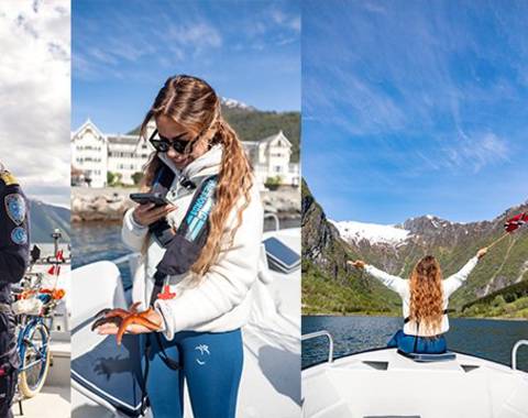 A collage of four photos: a guest holding a large halibut, Captain Tor steering a fishing boat, a guest holding a starfish, and a guest with a Norwegian flag on a boat in the Sognefjord.